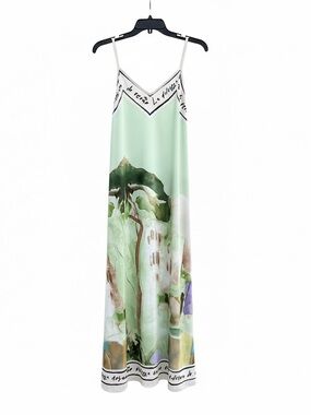 Mint Green Printed Silk Slip Dress with Artistic Hem